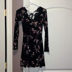 Black Floral Aeropostale Long Sleeve Skater Dress, Size XS
